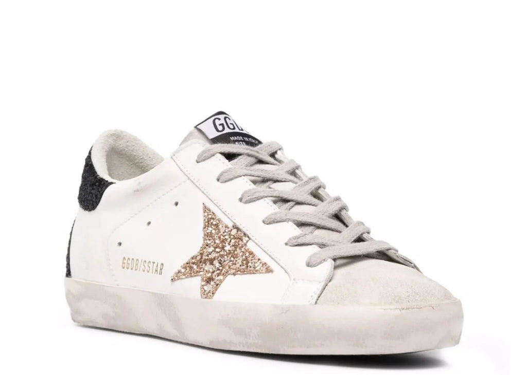 Golden Goose Super-Star Gold Glitter Star And Black Glitter Heel Tab